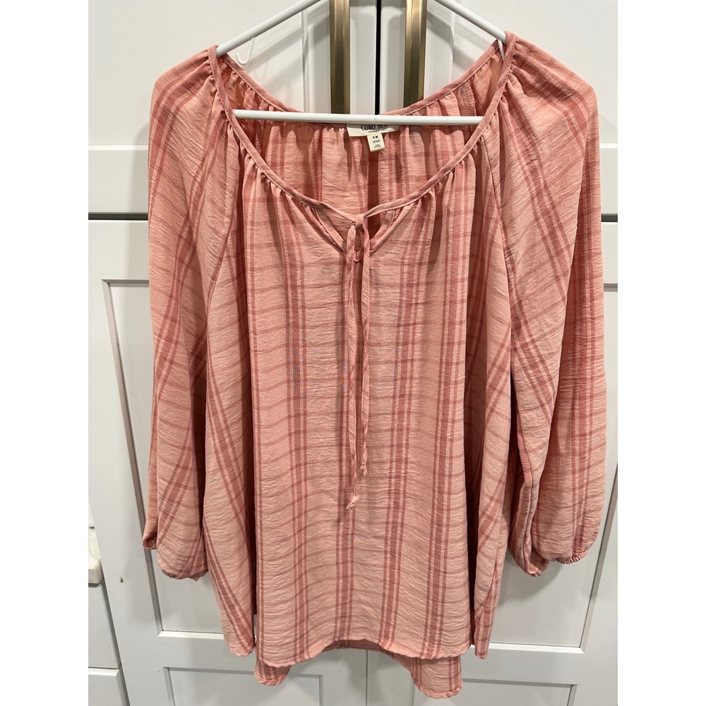 Como Blu Plaid Peasant Blouse Tie Neck Long Sleeve Tunic Top 1X